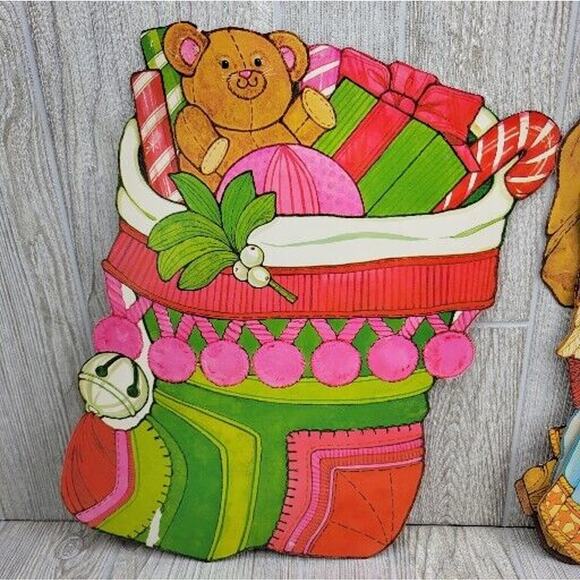 Vintage Christmas Diecut 2 Sided Wall Window Snowman Angel Santa Stocking 4pc - Picture 8 of 11